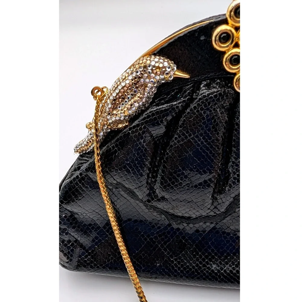 Sharif Vintage Black Snakeskin Embossed Leather Evening Bag Bird Crystal Clasp